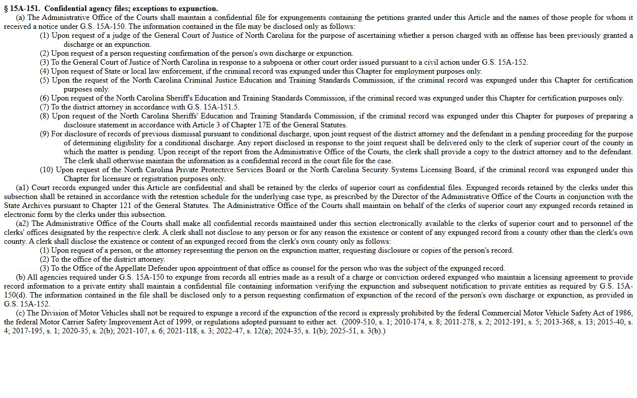 Guilford County criminal court records expunged record confidentiality statute