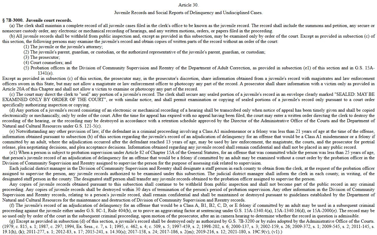 Guilford County District Court records juvenile record restrictions