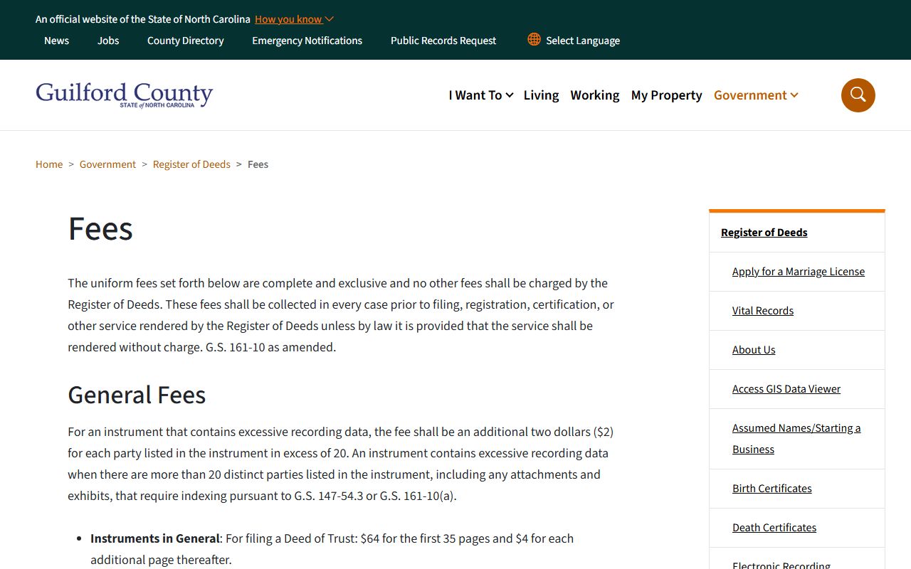 Guilford County marriage and divorce records Register of Deeds fees