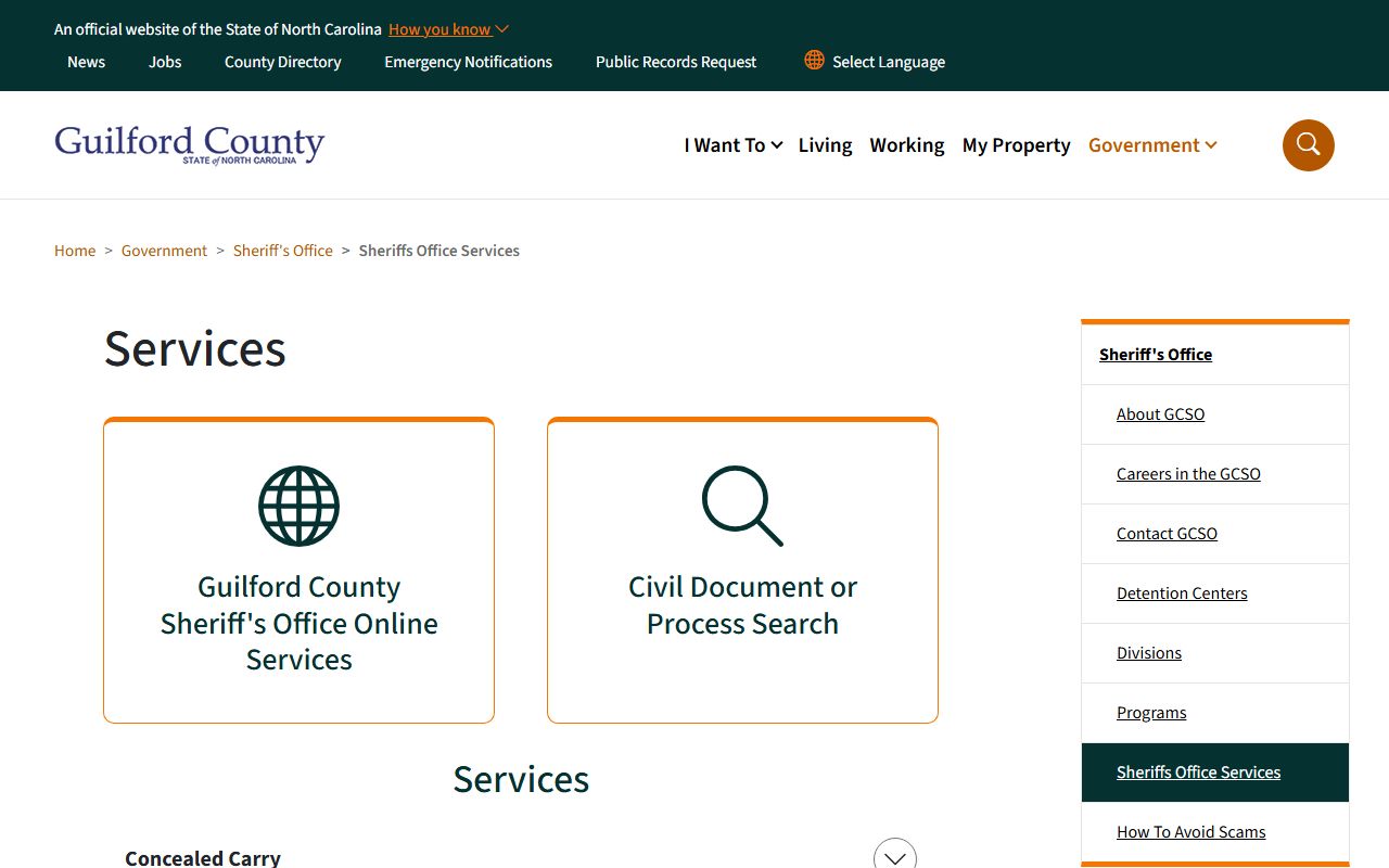 Guilford County warrant records Sheriff's Office services page